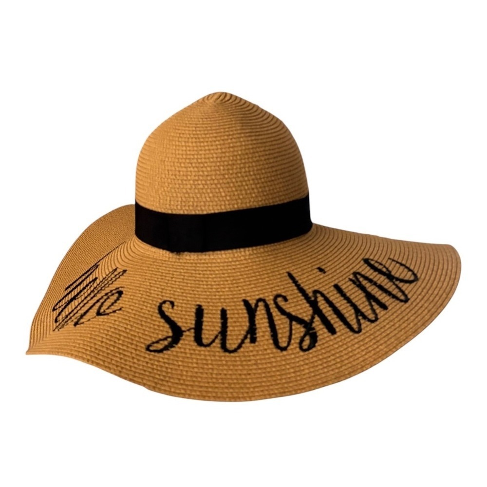 NEW Boutique Hello Sunshine Wide Brim Straw Sun Hat OS Tan Black Beach Core